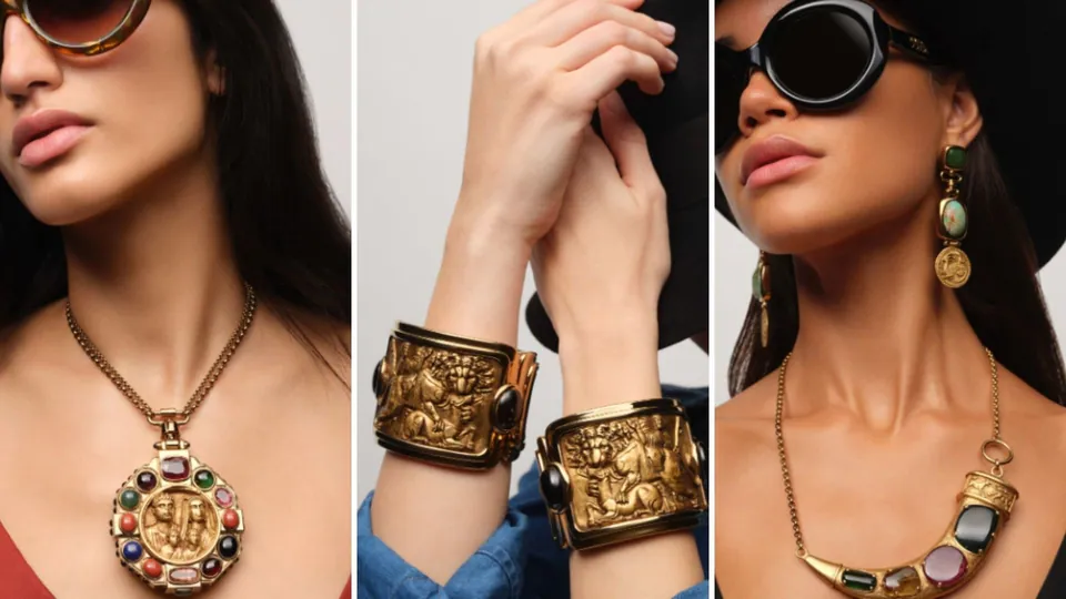Models wearing Sabyasachi jewellery featuring gemstone necklaces, sculpted gold cuffs and statement earrings from the designer’s collaboration with The Metropolitan Museum of Art.
